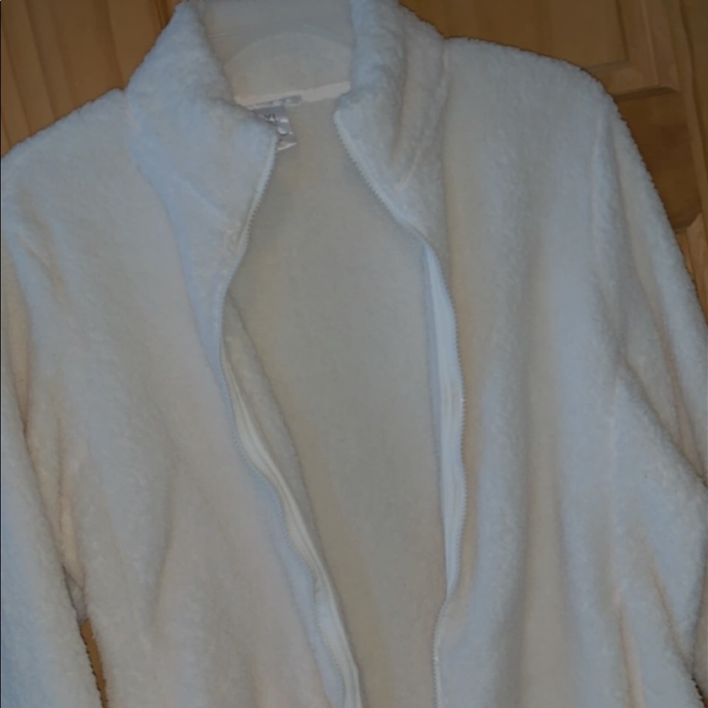 White fluffy zip-up sweater